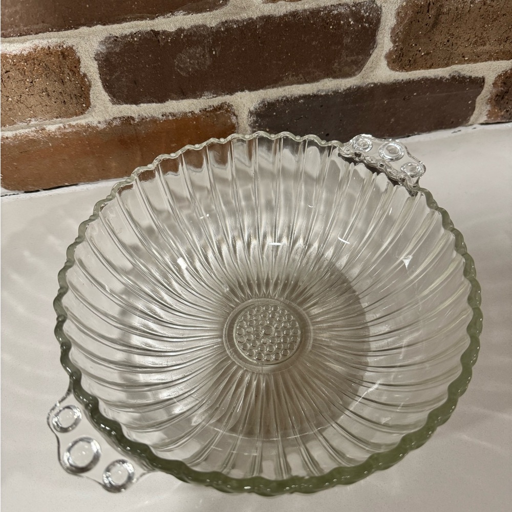 Vintage Ribbed Glass Bowl 8" Scalloped Edges Hobnail Bottom & Handles Jeanette